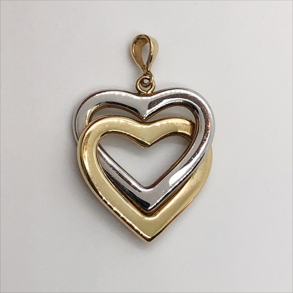 14k Yellow And White Gold Double Heart Pendant Charm